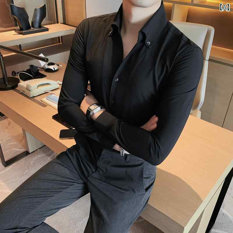 シャツ メンズ Vネック 長袖 無地 スリムフィット ストレッチ性 ビジネス フォーマル オフィス カジュアル 普段使い ポリエステル混紡 春物 色落ちしにくい