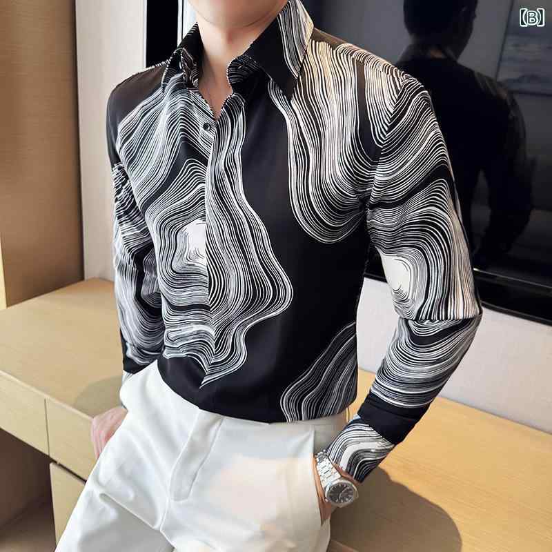 シャツ メンズ 春夏 薄手 UVカット 長袖 ドレープ感 とろみ 個性的 クール ワイルド カジュアル おしゃれ トレンド スリムフィット 細身 韓国風 プリント切り替え ポリエステル トップス
