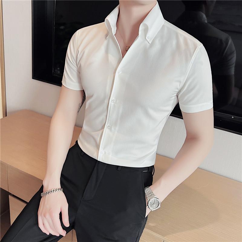 シャツ メンズ 半袖 Vネック 尖襟 ポリエステル 無地 スリムフィット ウォッシャブル 春夏 大人カジュアル キレイめ ストリート トレンド トップス 白 黒 青