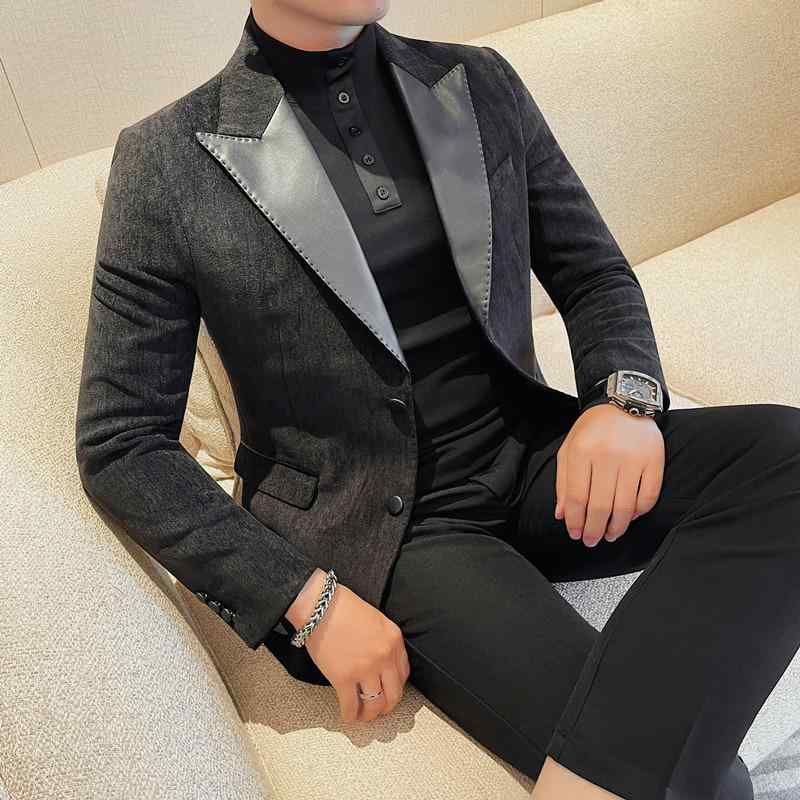 テーラードジャケット メンズ 高級感 上質 襟 フェイクレザー切り替え 2つボタン シングルブレスト スリムフィット ビジネス カジュアル 通勤 普段使い ポリエステル混紡 形態安定 シワになりにくい 秋冬 ブラック ワインレッド