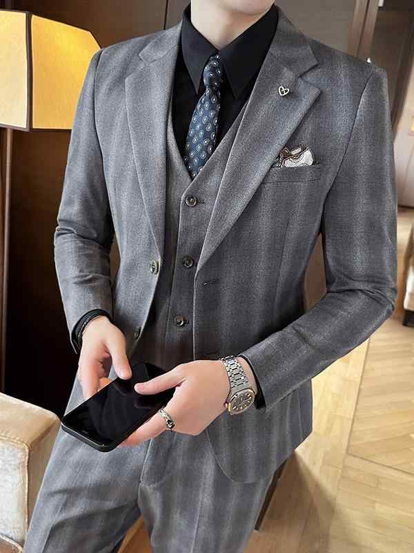 スーツ メンズ スリーピース スリムフィット チェック柄 フォーマル ビジネス カジュアル スマートカジュアル 通勤 パーティー 結婚式 二次会 エレガント 上質 春夏 混紡素材 グレー ブラウン