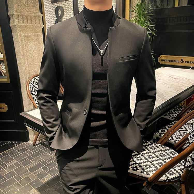 ジャケット メンズ 男性用 黒 ブラック スタンドカラー 立ち襟 一つボタン シングルボタン スリムフィット 新中華風 中山服 レトロ カジュアル ビジネス ポリエステル 秋冬 アウター