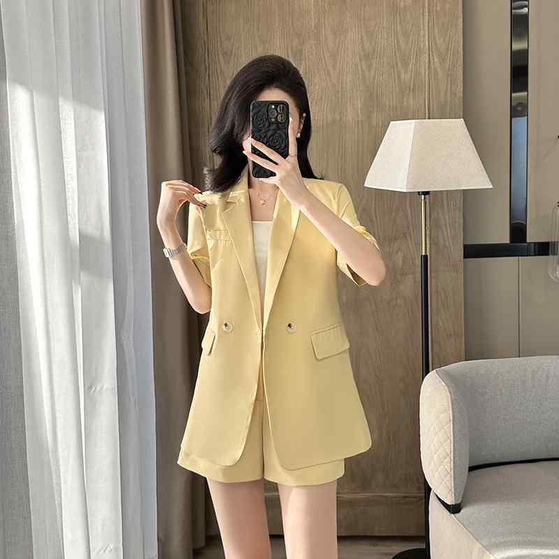 セットアップ レディース 半袖 ジャケット ショートパンツ イエロー 薄手 高級感 低身長向け カジュアル オフィス 通勤 ポリエステル 無地 春夏
