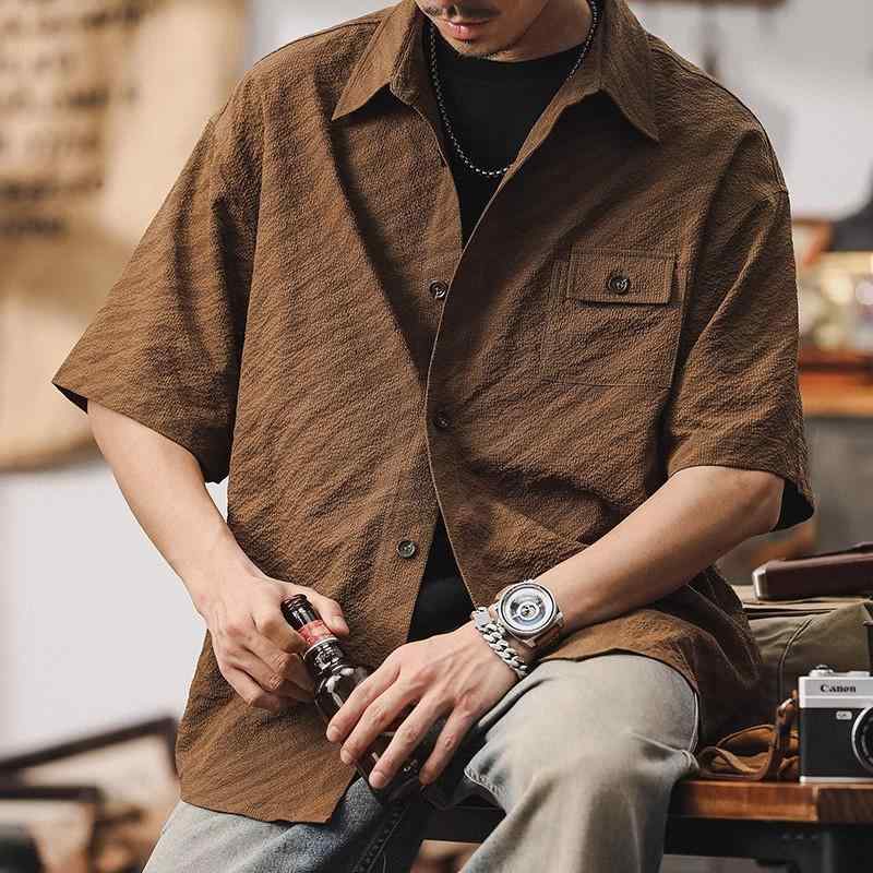 シャツ メンズ 半袖 薄手 高級感 シアサッカー ゆったりシルエット レギュラーカラー アメリカンヴィンテージ ブラウン系 カジュアル ウォッシャブル 春夏 トップス