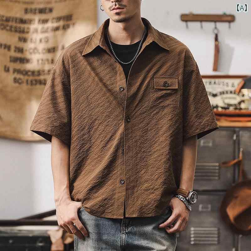 シャツ メンズ 半袖 薄手 高級感 シアサッカー ゆったりシルエット レギュラーカラー アメリカンヴィンテージ ブラウン系 カジュアル ウォッシャブル 春夏 トップス