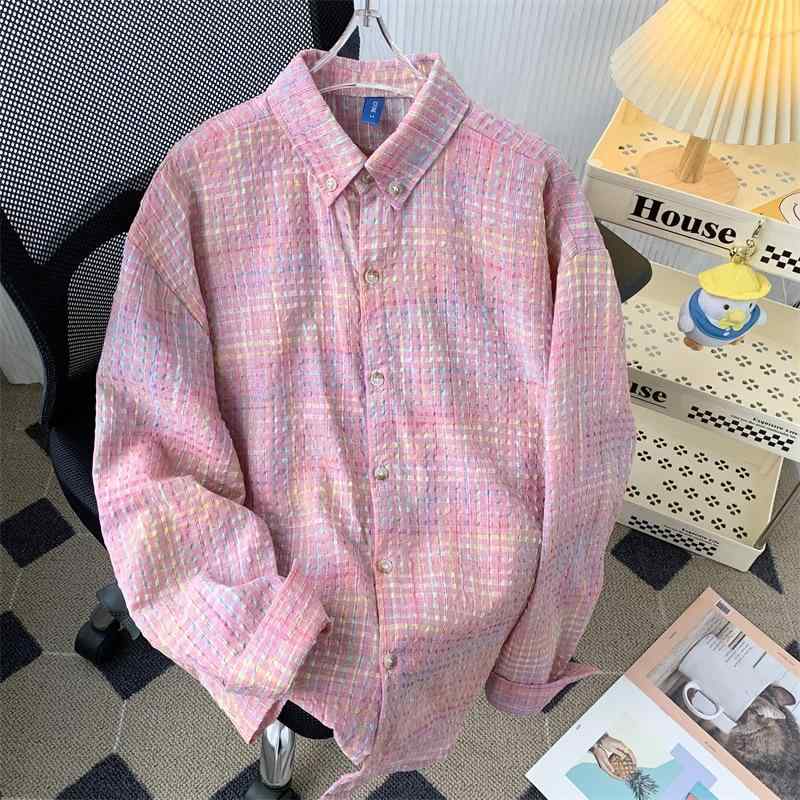 シャツ メンズ シアサッカー生地 チェック柄 長袖 薄手 ゆったり ルーズフィット ピンク トップス 春秋 アメリカンレトロ ビンテージ カジュアル 普段使い シワになりにくい 通気性抜群 羽織り ライトアウター