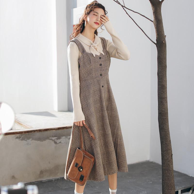 ジャンパースカート レディース 秋冬 チェック柄 メルトン素材 スリムフィット シングルボタン 着痩せ ロング丈 きれいめ 通勤 着回し抜群(4)