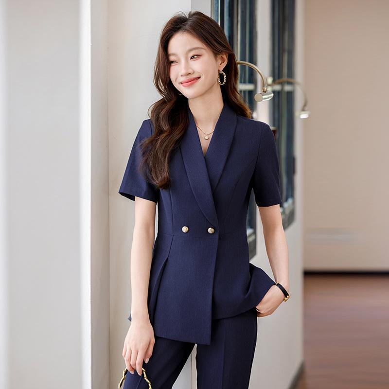 スーツ レディース セットアップ 半袖 テーラードジャケット パンツ スカート ブラック グレー ブルー オフィス ビジネス フォーマル 通勤 ワーク ウエストマーク 細見え エレガント 上品 ポリエステル 春夏