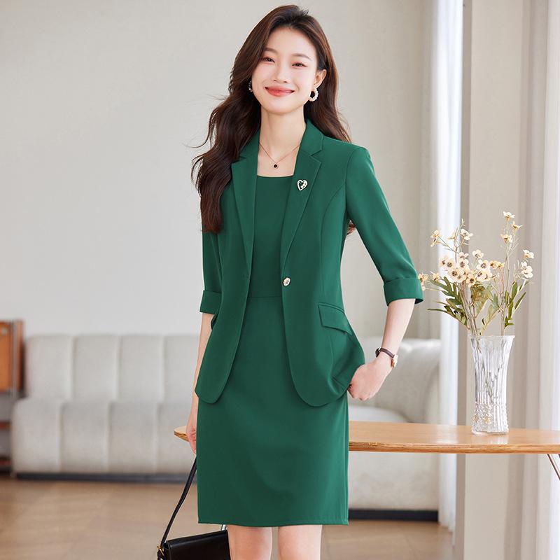 スーツ レディース ツーピース セットアップ ジャケット ワンピース 通勤 オフィス ビジネス フォーマル ポリエステル素材 七分袖 ミディ丈 春夏 ブラック グリーン ベージュ エレガント 上品