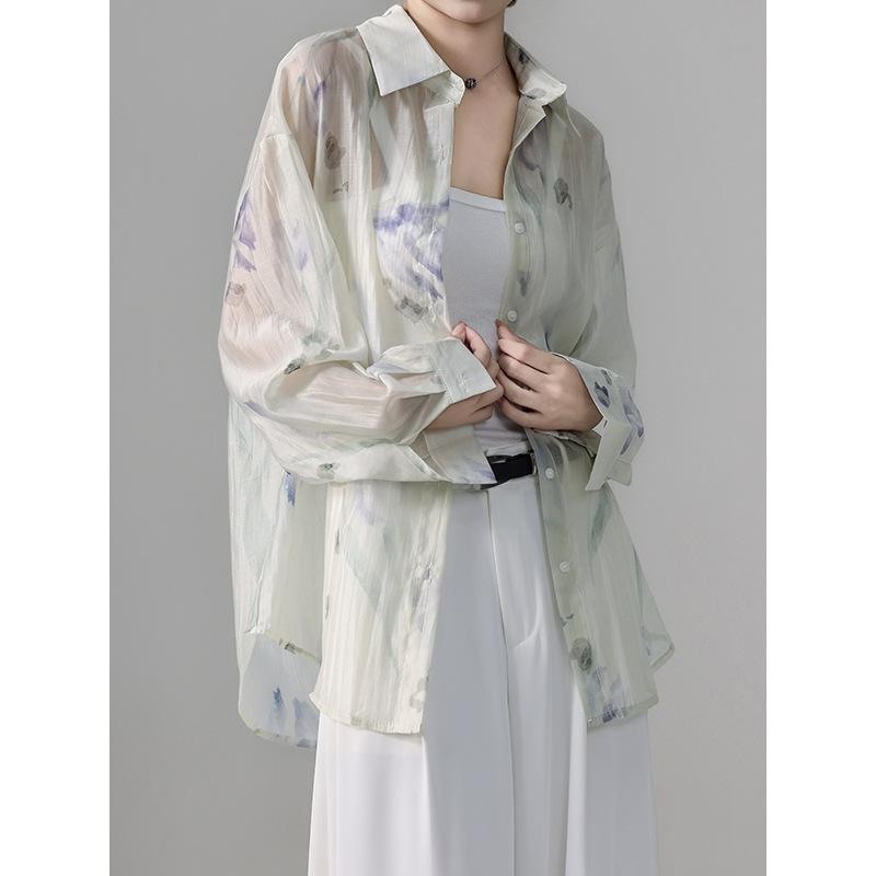 シャツ レディース 新チャイナ風 花柄 レトロ 長袖 薄手 UVカット ゆったり ミドル丈 ポリエステル アウター チュニック丈 カジュアル 羽織り 春夏