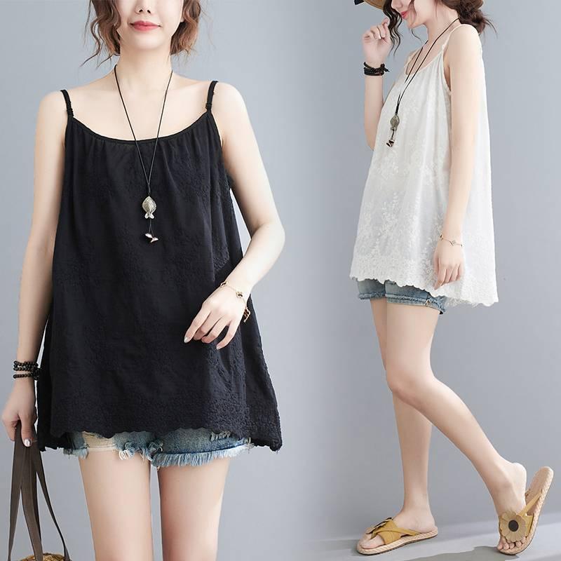 キャミソール レディース 大きいサイズ プラスサイズ 春夏 韓国ファッション ゆったり ルーズフィット ストラップ トップス インナー 綿麻 コットンリネン 刺しゅう カジュアル 着回し 通勤 白 黒(4)