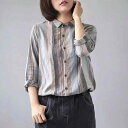シャツ レディース 長袖 ポロ襟 ストライプ柄 綿麻 レトロ 和風 ストレートシルエット 細見え ブルー 春夏 きれいめ 通勤 オフィス カジュアル 着回し トップス おしゃれ