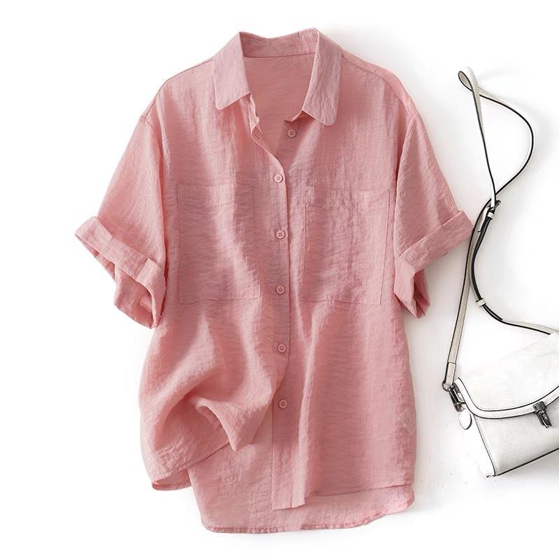 レディース シャツ 春夏 軽量 薄手 通気性 吸湿速乾 ポリエステル ポロ襟 半袖 ロールアップ ゆったり プリーツ ブラウス カジュアル 通勤 オフィス