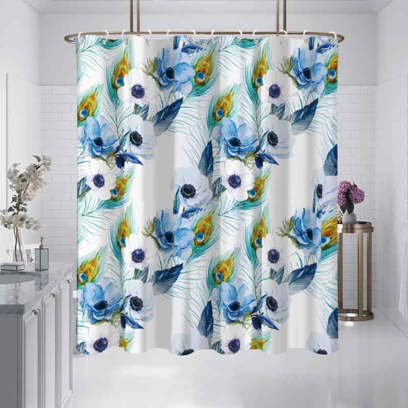 シャワーカーテン バスカーテン クジャク羽根柄 孔雀柄 フェザー柄 防水 防カビ 撥水加工 穴あけ不要 突っ張り式 間仕切り 目隠し おしゃれ モダン エレガント ポリエステル バスルーム お風呂場