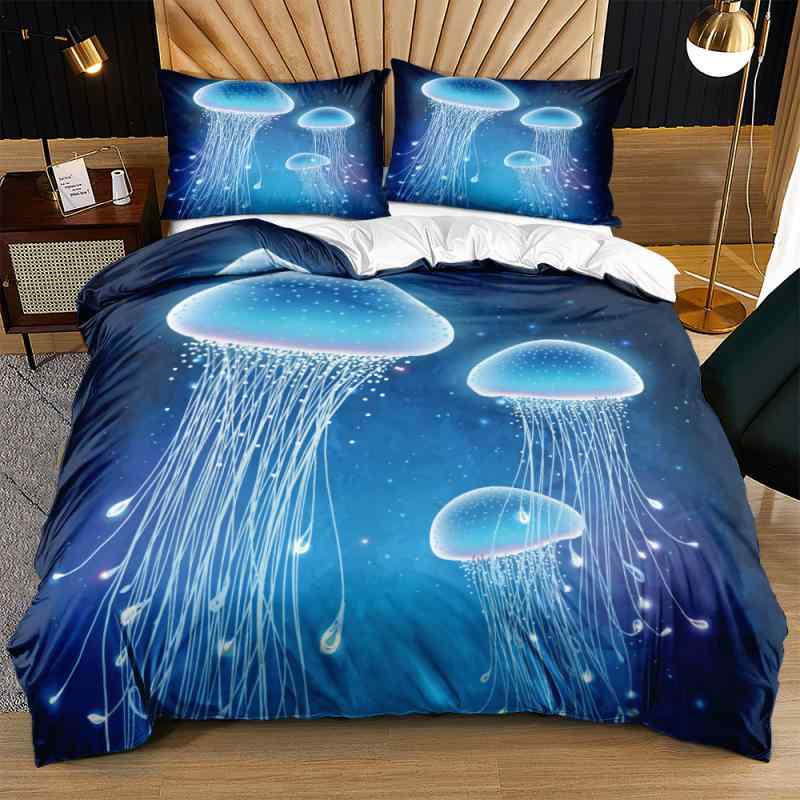 布団カバー 3点セット クラゲ柄 3Dデジタルプリント ポリエステル素材 モダン ツイル織り 寝具 ベッド用 オールシーズン