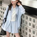 セットアップ 女の子 キッズ ジュニア 春夏 綿 コットン ストライプ柄 シャツ パンツ 3点セット 薄手 軽量 UVカット 日焼け対策 カジュアル 普段使い お出かけ