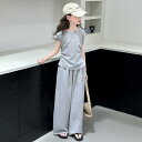 キッズ 女の子 ジュニア 夏服 韓国風 セットアップ ノースリーブ トップス ワイドパンツ 2点セット 薄手 コットン ソフト カジュアル 普段着 グレー ベージュ