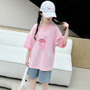 セットアップ キッズ 女の子 夏 半袖 ゆったり カジュアル バイカラー Tシャツ デニム ハーフパンツ 薄手 綿混 普段使い お出かけ ルームウェア 2点セット