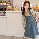 子供服 女の子 ジュニア 春夏 おしゃれ かわいい 韓国風 小花柄 長袖 ブラウス デニム ジャンパースカート セットアップ 綿 コットン 普段使い 通学 お出かけ