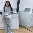 セットアップ 女の子 春秋 スウェット トレーナー フェイクレイヤード風 リボン ワイドパンツ ロングパンツ 綿 カジュアル おしゃれ 上品 韓国風 グレー 2点セット