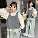 ジュニア 女の子 カジュアル セットアップ シャツ セーターベスト パンツ 3点セット 綿100% 無地 やわらか素材 普段使い 通学 韓国ファッション 春秋