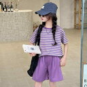 キッズ セットアップ 女の子 ジュニア 中学生 半袖トップス 長ズボン パンツ おしゃれ 韓国風 ストライプ 薄手 柔らか 綿混 パープル 夏服