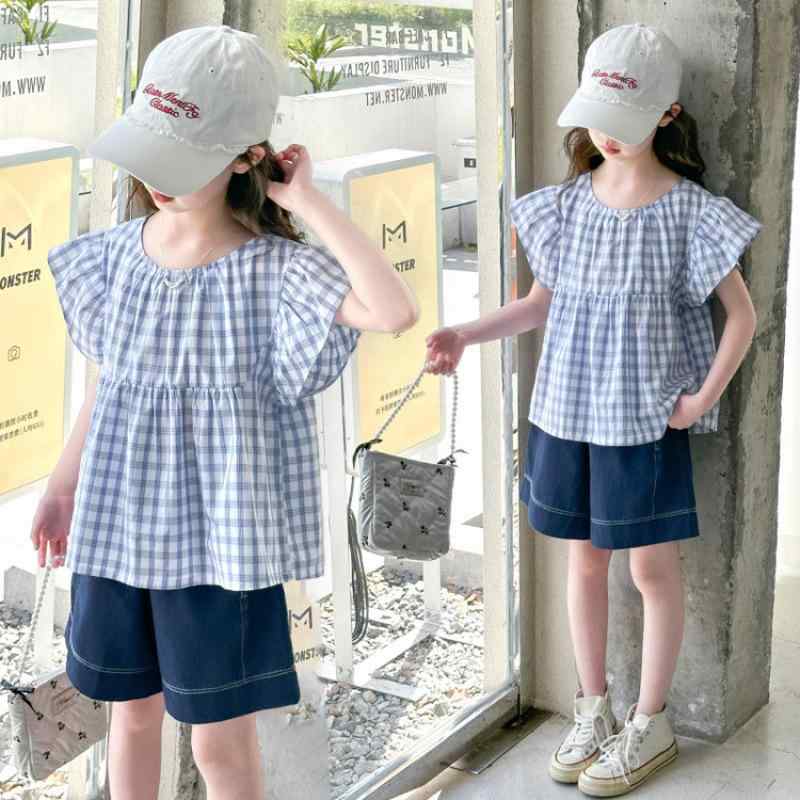 キッズ ジュニア 女の子 夏服 セットアップ チェック柄 半袖 シャツ デニム ショートパンツ おしゃれ かわいい コットン 薄手 柔らか お出かけ カジュアル 2点セット