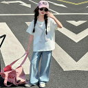セットアップ 女の子 ジュニア 半袖 Tシャツ デニムパンツ ロングパンツ 2点セット サマー カジュアル おしゃれ トレンド 韓国風 綿 コットン 薄手 普段使い レース 蝶々刺繡 ミントグリーン