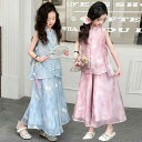 チャイナドレス セットアップ ジュニア 女の子 新中華風 漢服 シフォン キュロット 半袖 薄手 綿 柔らかい 春夏 カジュアル お出かけ 上下セット おしゃれ ブルー ピンク