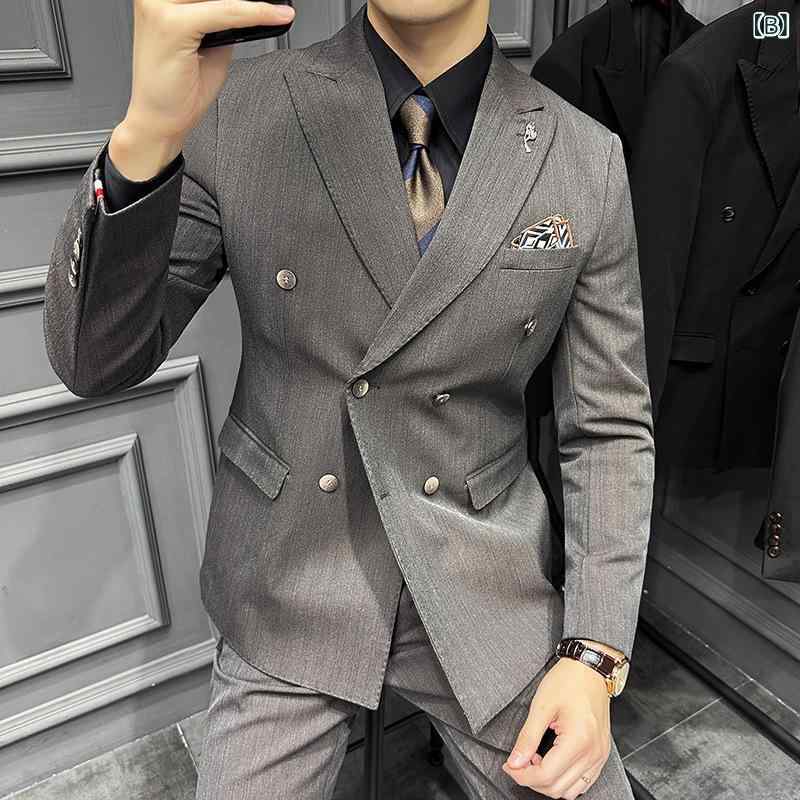 スーツ メンズ 男性用 韓国風 ダブルブレスト ピークドラペル ストライプ スリーピース セットアップ 結婚式 新郎 披露宴 二次会 フォーマル ビジネス オフィス 冠婚葬祭 スリムフィット イージーケア ポリエステル混紡 ブラウン グレー