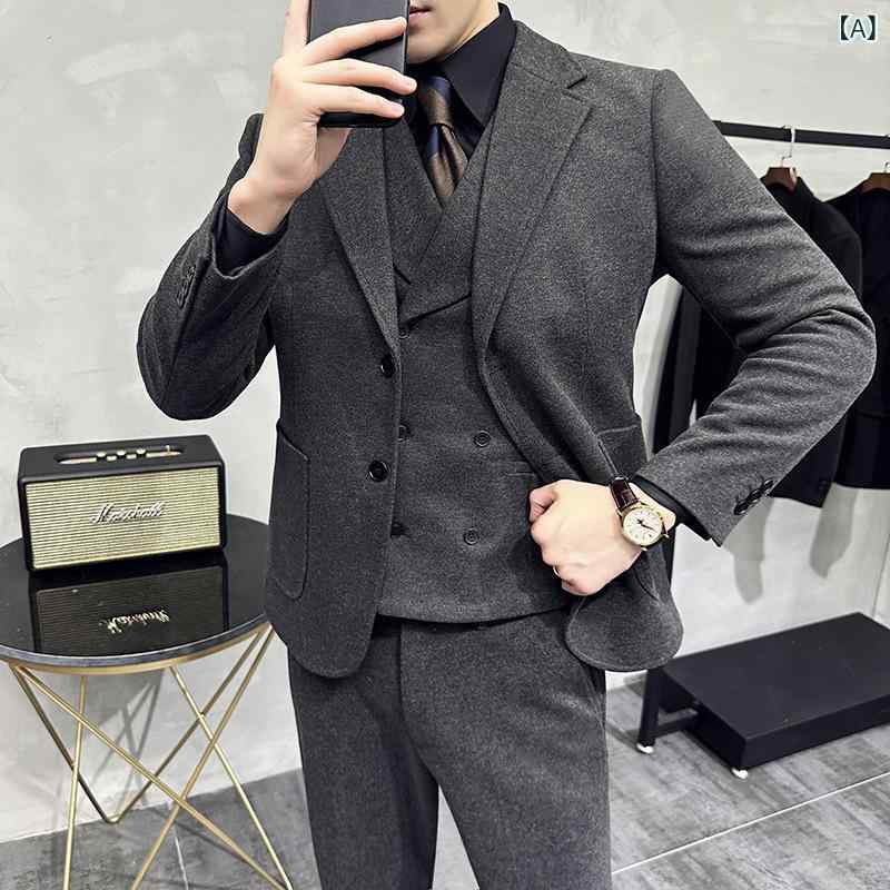 スーツ 男性用 秋冬 ビジネス カジュアル 大きいサイズ 新郎 介添人 おしゃれ スリムフィット フォーマル 厚手 ノーアイロン ポリエステル ノッチドラペル グレー ブラック ブラウン セットアップ