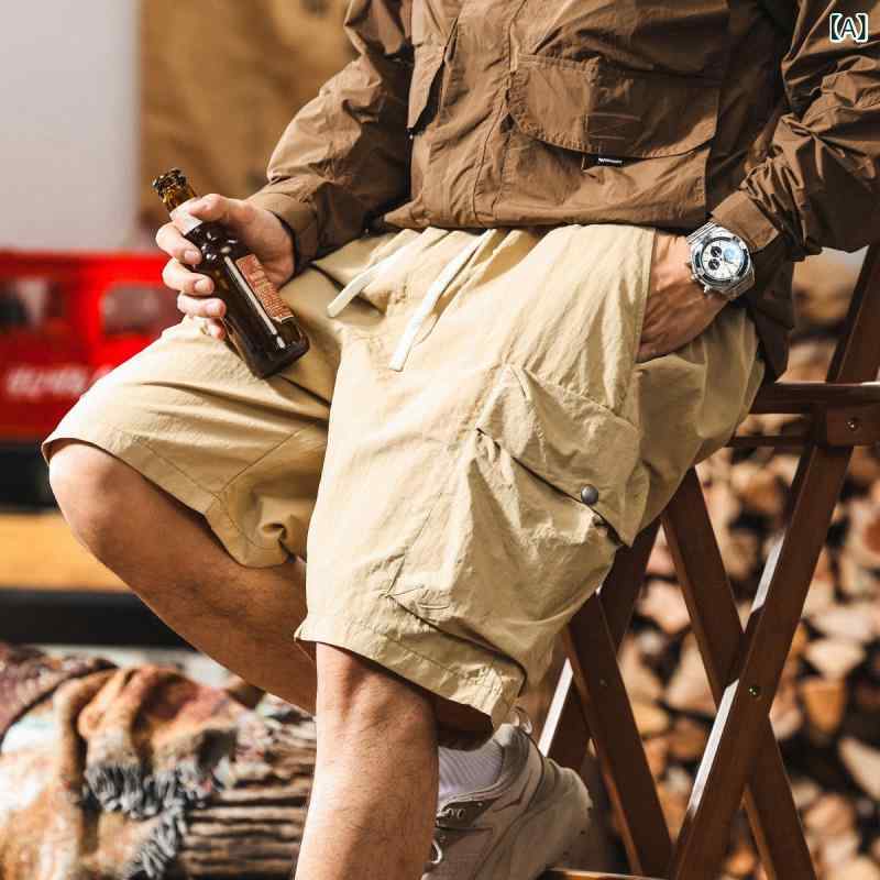 ショートパンツ メンズ 男性用 カーゴ ワーク アメリカン レトロ アメカジ 軽量 接触冷感 速乾 薄手 ナイロン スポーツ カジュアル ゆったり ルーズ カーキ 春夏