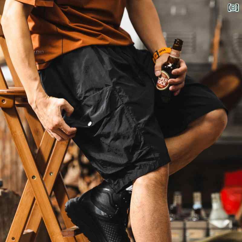 ショートパンツ メンズ 男性用 カーゴ ワーク アメリカン レトロ アメカジ 軽量 接触冷感 速乾 薄手 ナイロン スポーツ カジュアル ゆったり ルーズ カーキ 春夏