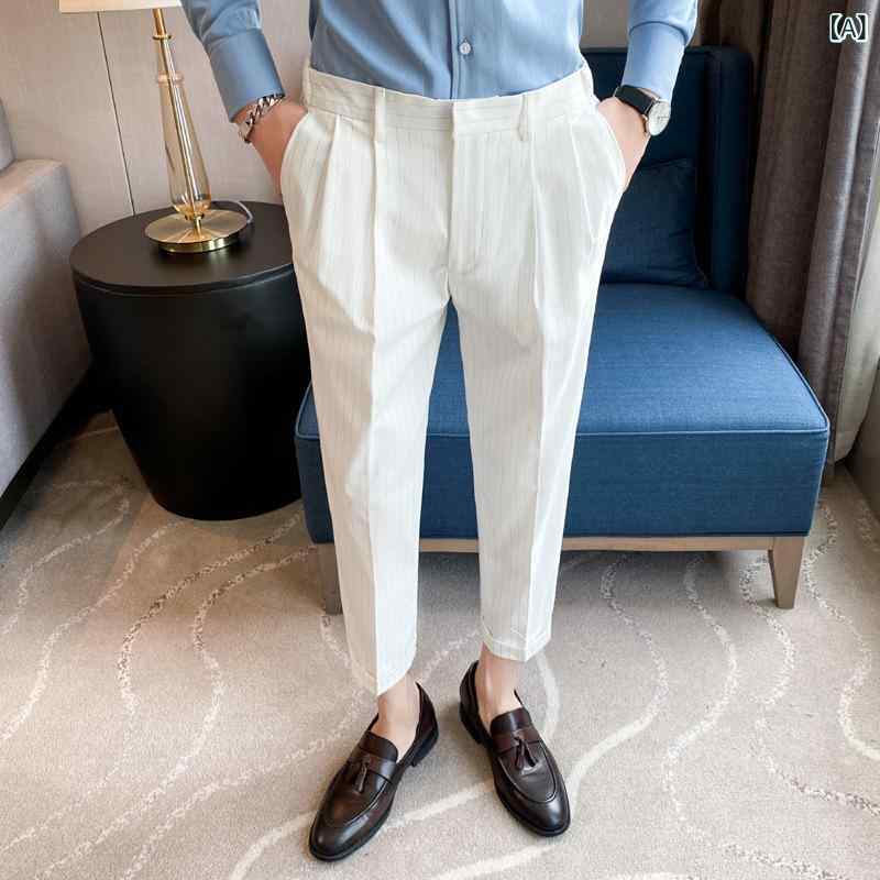 スラックス メンズ 9分丈 ロールアップパンツ スリム 細身 ストライプ柄 シワ防止 形態安定 ポリエステル素材 微ストレッチ ストレートシルエット 春夏 カジュアル ビジネス ホワイト グレー ブラック コーヒーブラウン
