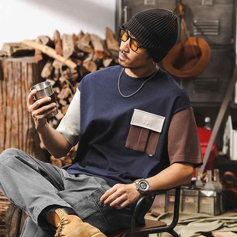 Tシャツ メンズ 半袖 綿 コットン ヘビーウェイト 切り替え ブルー アプリコット ブラウン アメカジ ビ..