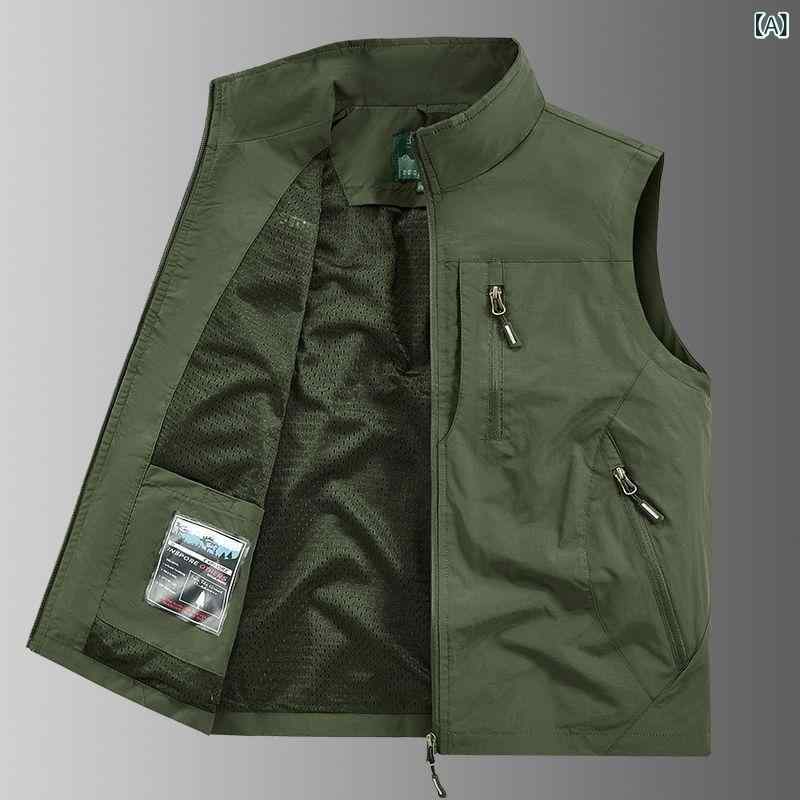 ベスト メンズ 男性用 薄手 軽量 速乾 ポケット付き スタンドカラー フード付き ジッパー ルーズシルエ..