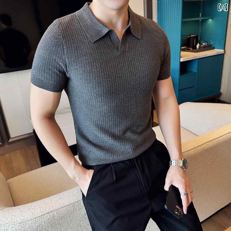 ニット セーター メンズ 半袖 ポロ襟 無地 スリムフィット おしゃれ 細身 秋 トップス ポリエステル 洗濯可能 普段使い 韓国風