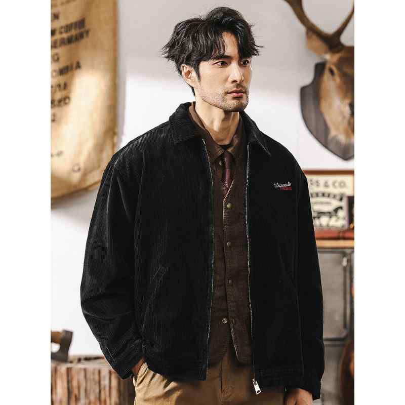 ジャケット メンズ アメリカンヴィンテージ アメカジ オールドマネースタイル コットン コーデュロイ ヘビーウェイト ルーズフィット ビッグシルエット ジップアップ 刺繡 ブラック 春秋