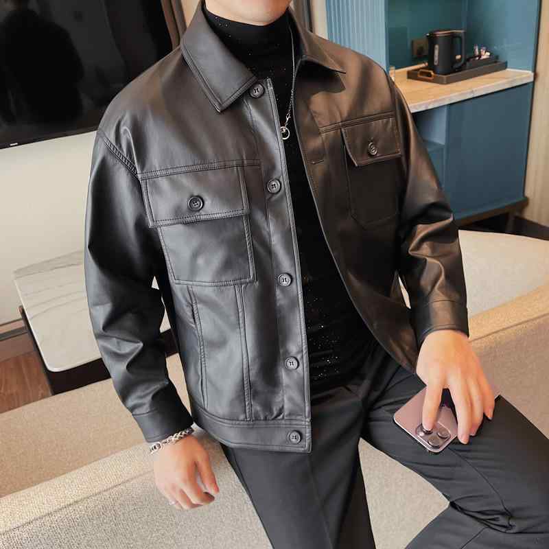 レザージャケット メンズ スリムフィット シングルブレスト テーラードカラー PUレザー カジュアル 韓国風 多ポケット 普段使い アウター 春秋