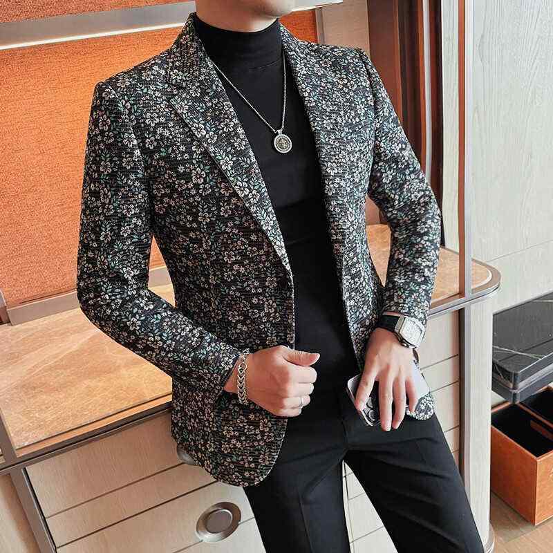 テーラードジャケット メンズ 男性用 秋冬 カジュアル スリムフィット ストレッチ 快適 形態安定 チェック柄プリント ポリエステル混紡 黒 ビジネス 普段使い