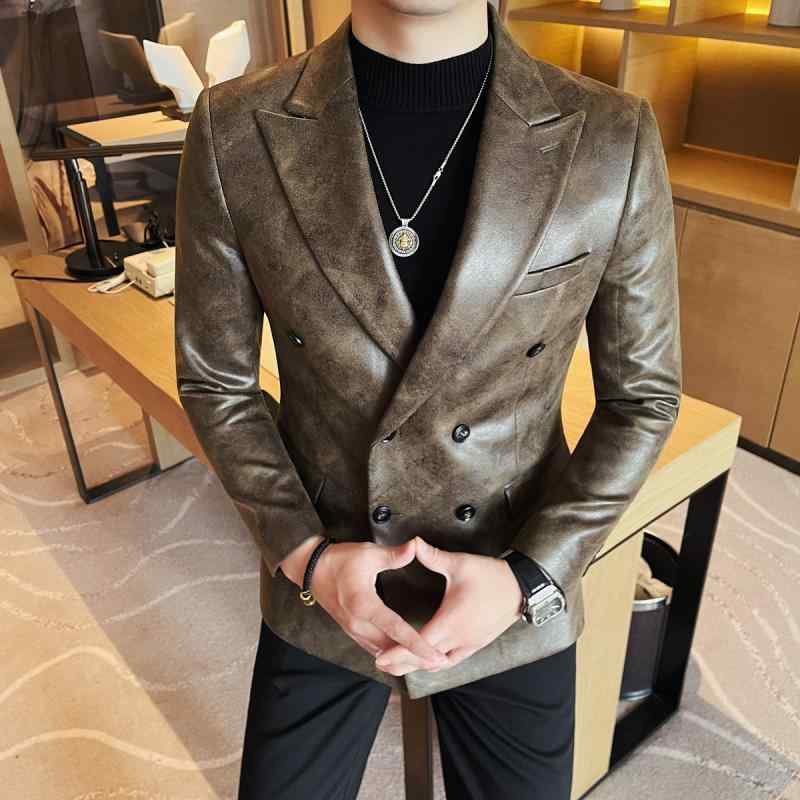 ジャケット メンズ 男性用 PUレザー フェイクレザー テーラードジャケット スリムフィット 細身 ダブルベント 韓国ファッション カジュアル 普段使い おしゃれ かっこいい クール 春秋