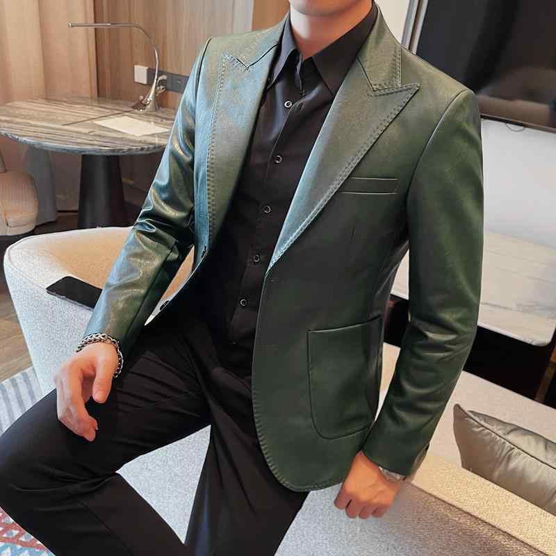 テーラードジャケット メンズ PUレザー シングルブレスト 2つボタン スリムフィット 無地 テーラードカラー イージーケア ビジネス 通勤 カジュアル 春秋 黒 赤 緑