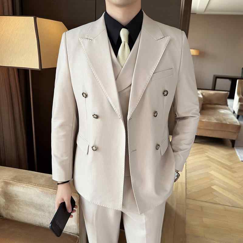 スーツ メンズ ビジネス 通勤 オフィス フォーマル ダブルブレスト スリーピース 無地 結婚式 新郎 宴会 スリムフィット シワになりにくい ポリエステル