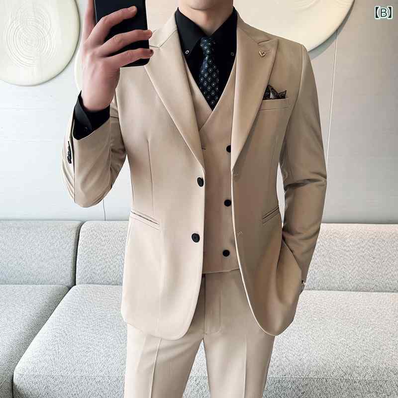 スーツ メンズ スリーピース 2つボタン スリムフィット 韓国スタイル ビジネス フォーマル ポリエステル 形態安定 防シワ 通勤 オフィス 冠婚葬祭 結婚式 礼服 オールシーズン