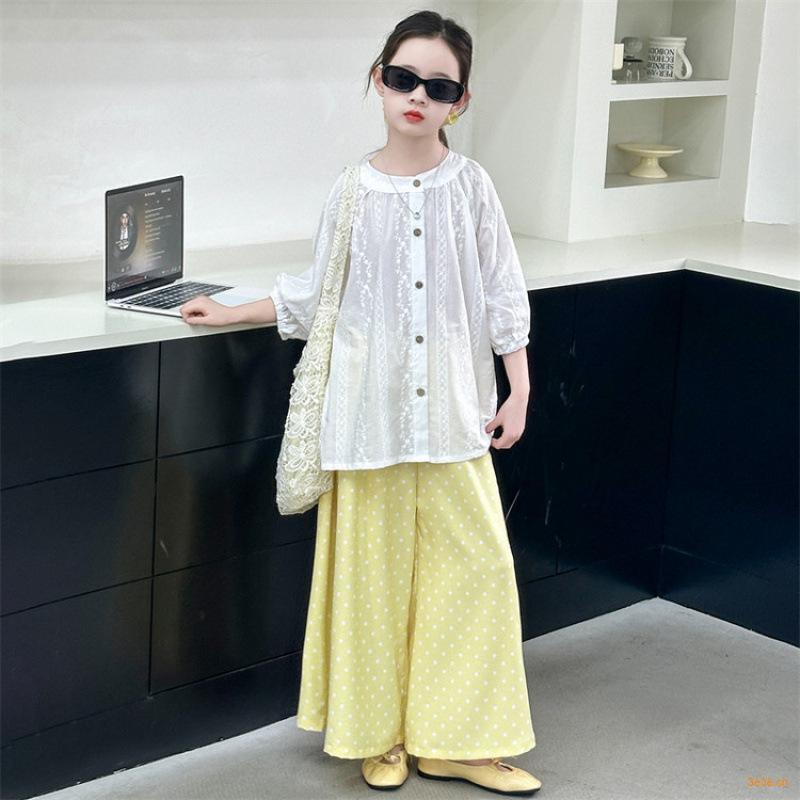 キッズ 女の子 セットアップ 春夏 薄手 半袖ブラウス キュロットパンツ かわいい 普段使い お出かけ 韓国風 カジュアル 綿混 柔らかい 通気性 2点セット