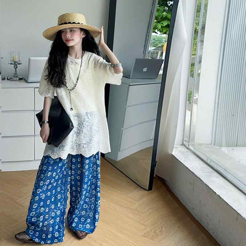 セットアップ 女の子 キッズ 半袖 レース チュニック UVカット 薄手 軽量 ゆったり ロングパンツ 上下セット 春夏 コットン 韓国風 カジュアル 普段使い