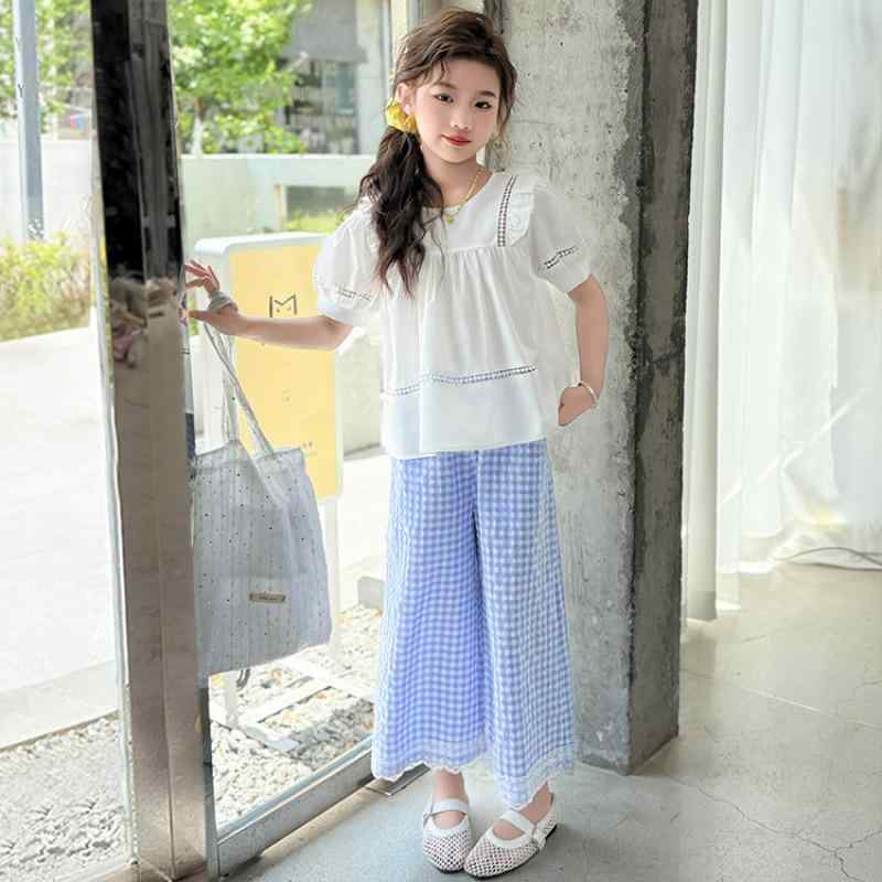 セットアップ 女の子 キッズ 春夏 パフスリーブ 半袖 トップス チェック柄 ワイドパンツ 2点セット 綿素材 薄手 普段使い カジュアル