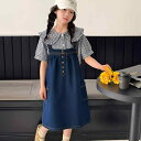 セットアップ 女の子 キッズ ガールズ 子供 春夏 刺繍 チェック 付け襟 ブラウス ショートスリーブ デニム サロペットスカート ジャンパースカート コットン 薄手 韓流ファッション 普段着 お出かけ ネイビー 2点セット