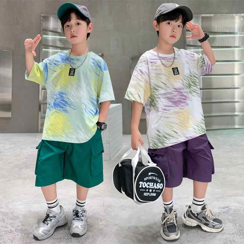 セットアップ 男の子 キッズ ジュニア 夏 薄手 半袖 Tシャツ ハーフパンツ 上下セット 2点セット 小学生 中学生 カジュアル スポーツ 普段着 おしゃれ 英字柄 コットンブレンド