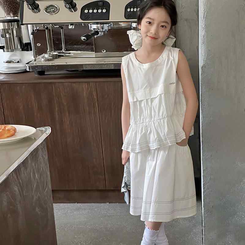 セットアップ 女の子 キッズ ジュニア ノースリーブ フリル タンクトップ スカート 2点セット 夏物 カジュアル おしゃれ 綿 薄手 ホワイト 無地 普段着